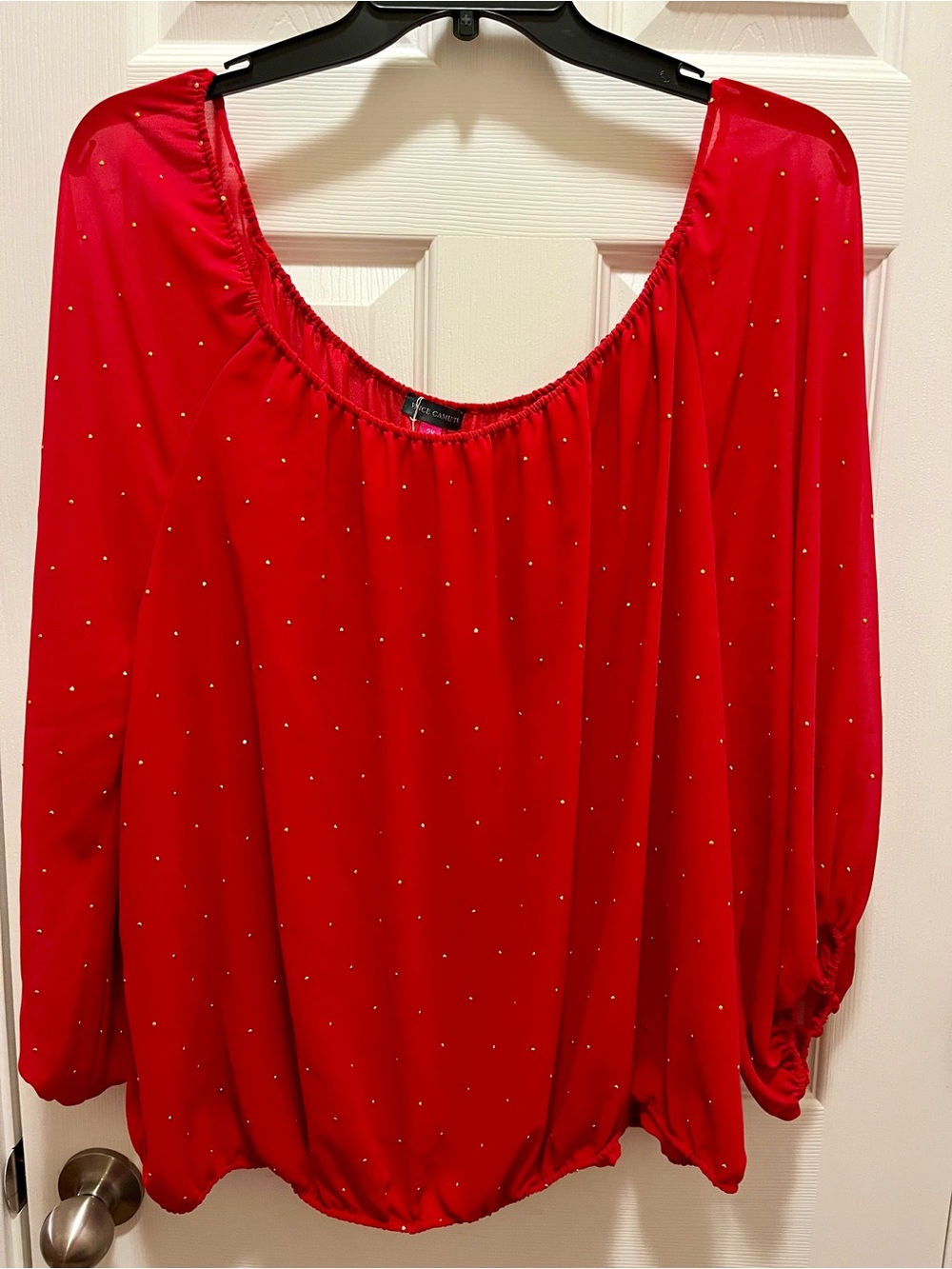 Vince Camuto 2X Red Studded Blouse Gold Embellished Sheer Sleeves